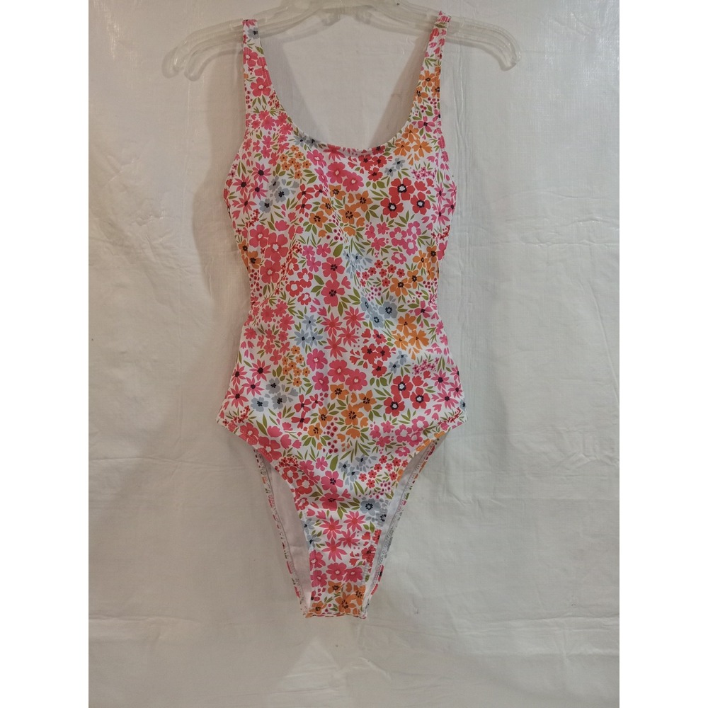Floral One Piece Swimsuit Pink Orange White Open Tie Back High Cut Small
